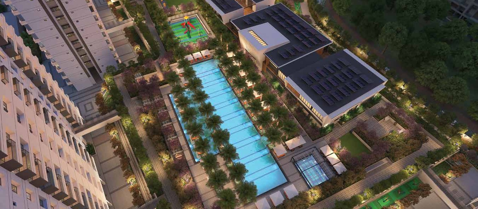 90,000 sq. ft. landscaped podium and 2-level clubhouse at night